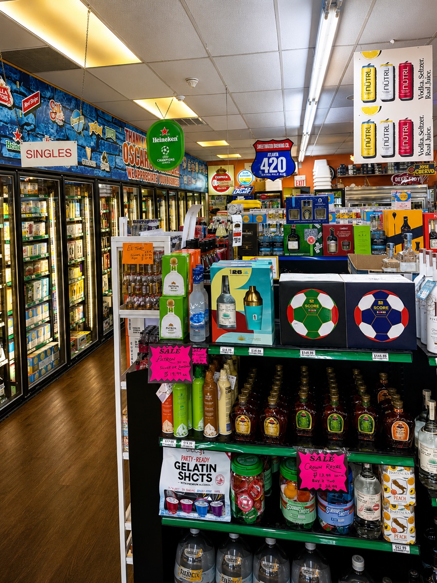 Oscar's Package Store shelves with a broad selection of bottles